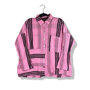 Shannon Passero Button Up Top Women S/M Pink Striped Cotton Gauze Boho Lagenlook